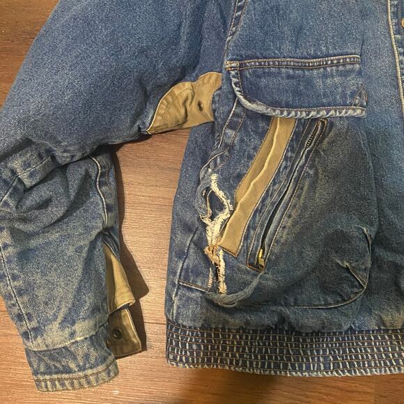 Vintage Distressed Denim Eagles Ridge Bomber Jacket Beige Accents Size XL - Picture 6 of 8